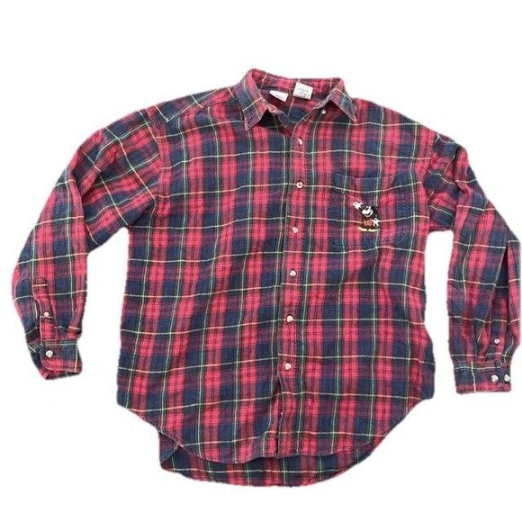 VTG 90s The Disney Store Long Sleeve Plaid Shirt Mens L Embroidered Mickey Mouse - Picture 1 of 7